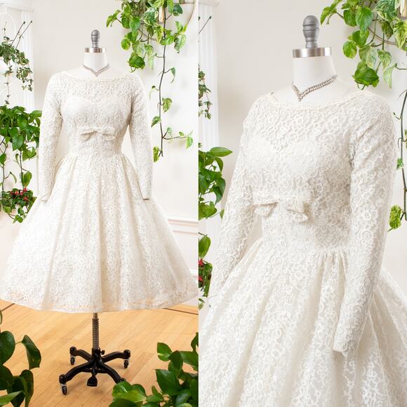 Vintage 1950s 1960s Wedding Dress 50s White Lace Sweetheart Cupcake Bridal Dress